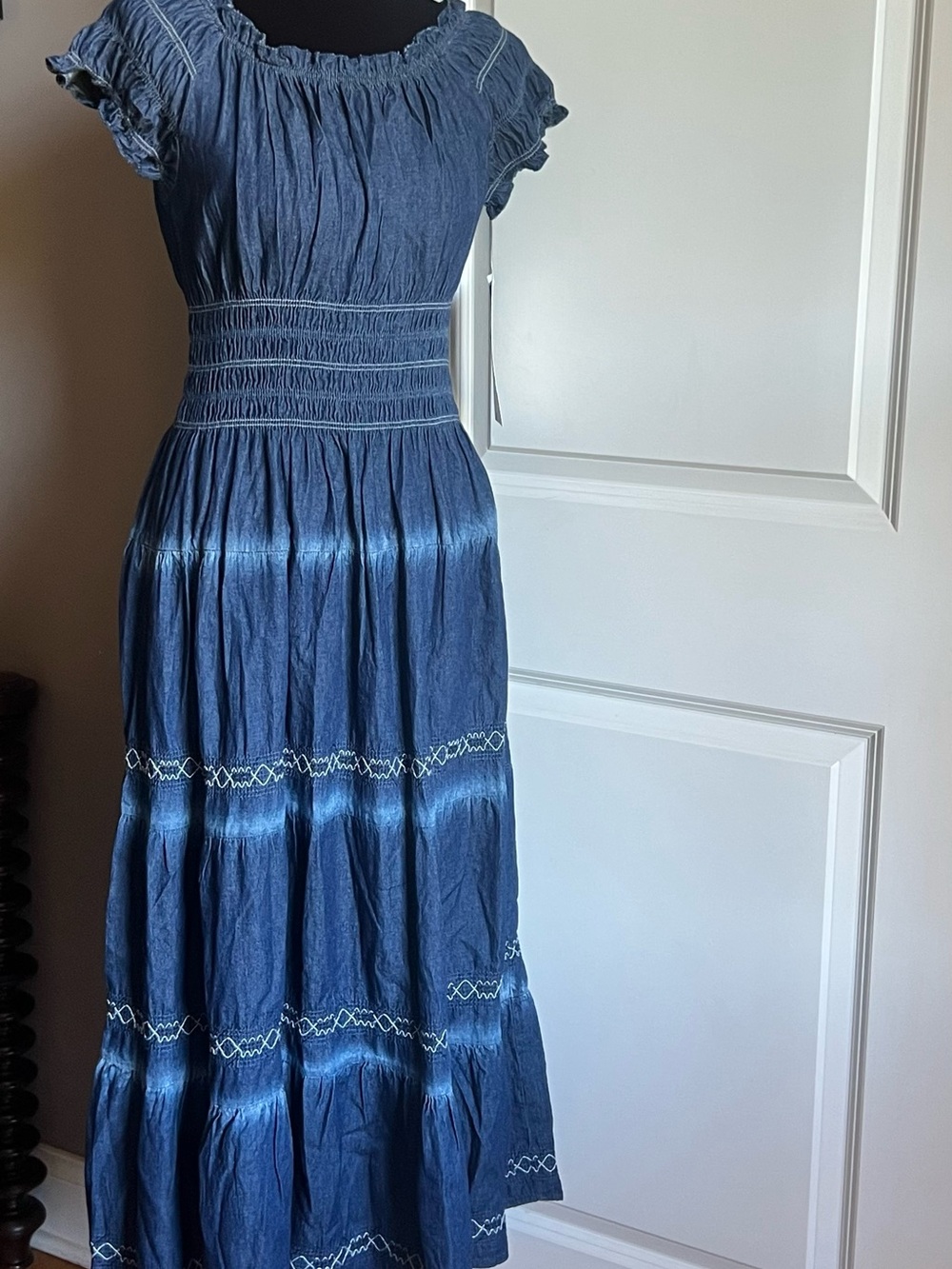 Smocked Waist Blue Tiered Maxi Dress